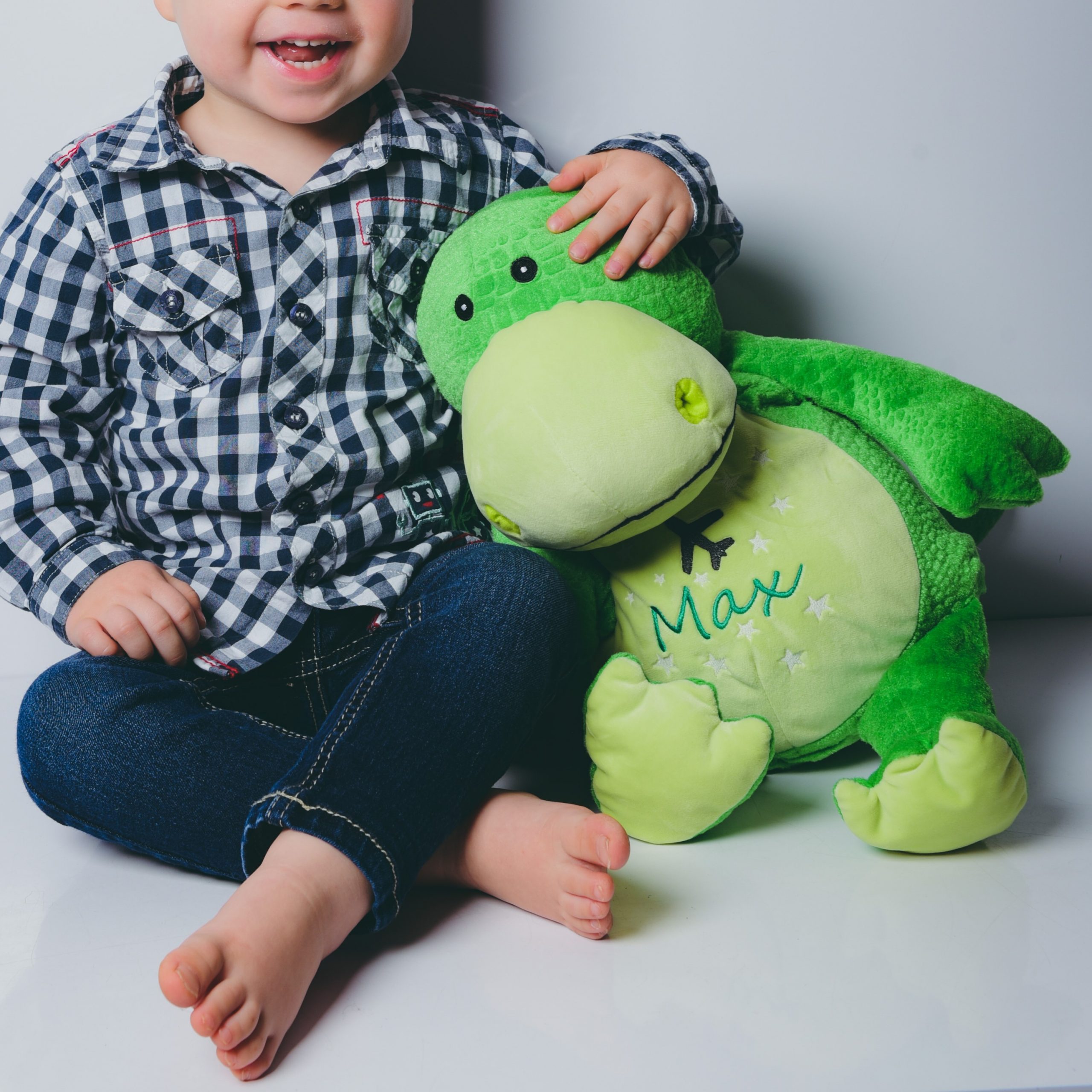 Grüner Kuscheltier Dino Bestickung